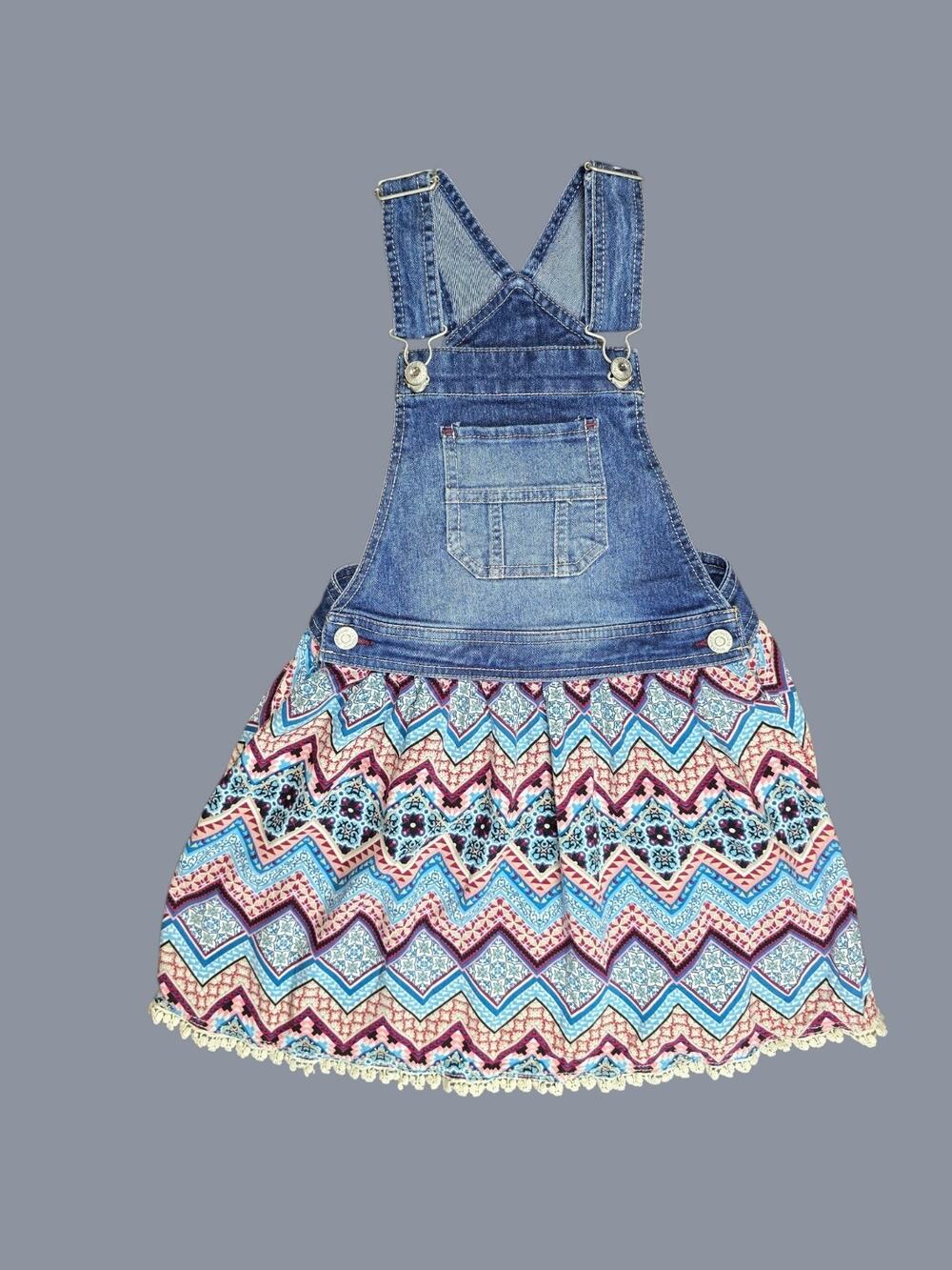 Jordache Girls Denim Overall Dress Size M 7/8 Blue Floral Front Pocket Skirt